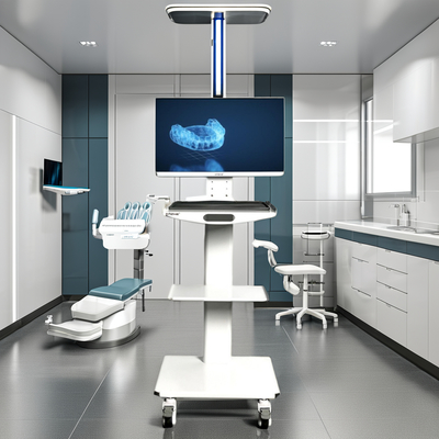 Carrinho móvel de escaneador bucal dentário de cor branca com porta-monitores Carrinho de instrumentos dentários metálicos Carrinho portátil de carrinhos dentários