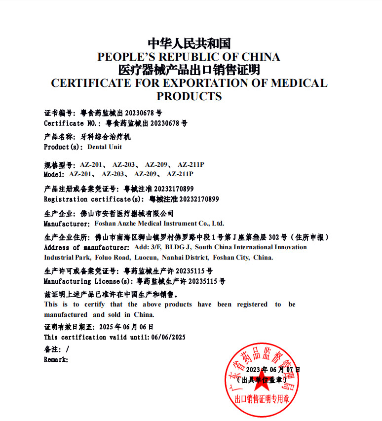 China Foshan Anzhe Medical Instrument Co., Ltd. Certificações